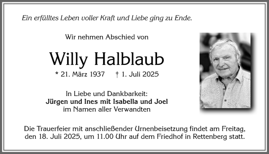 Traueranzeige von Willy Halblaub von Allgäuer Anzeigeblatt