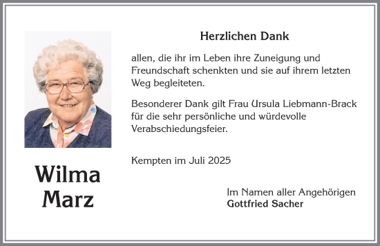 Traueranzeige von Wilma Marz von Allgäuer Zeitung,Kempten