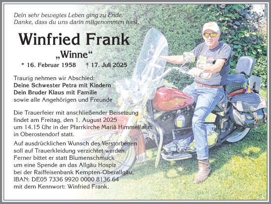 Traueranzeige von Winfried Frank von Allgäuer Zeitung, Kaufbeuren/Buchloe