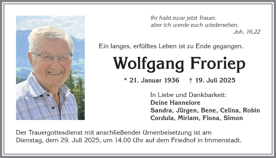 Traueranzeige von Wolfgang Froriep von Allgäuer Anzeigeblatt