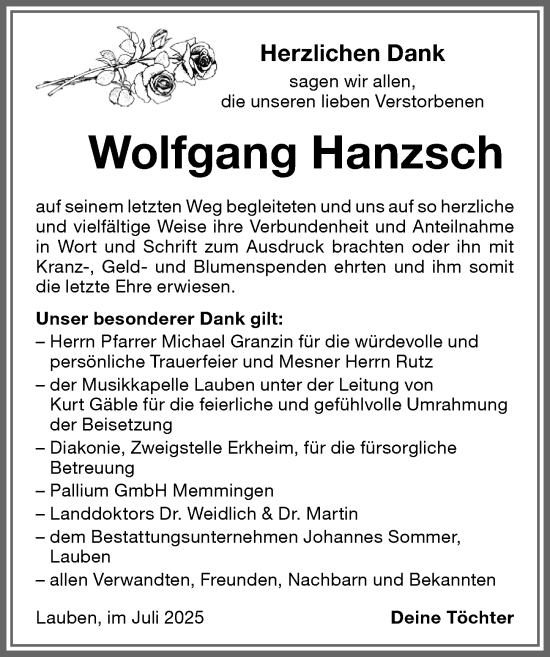 Traueranzeige von Wolfgang Hanzsch von Memminger Zeitung