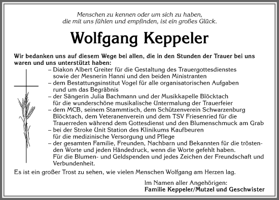 Traueranzeige von Wolfgang Keppeler von Allgäuer Zeitung, Kaufbeuren/Buchloe