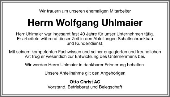 Traueranzeige von Wolfgang Uhlmaier von Memminger Zeitung