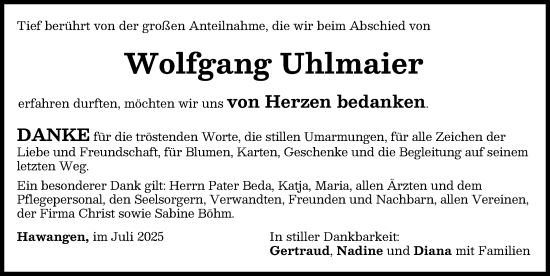 Traueranzeige von Wolfgang Uhlmaier von Memminger Zeitung