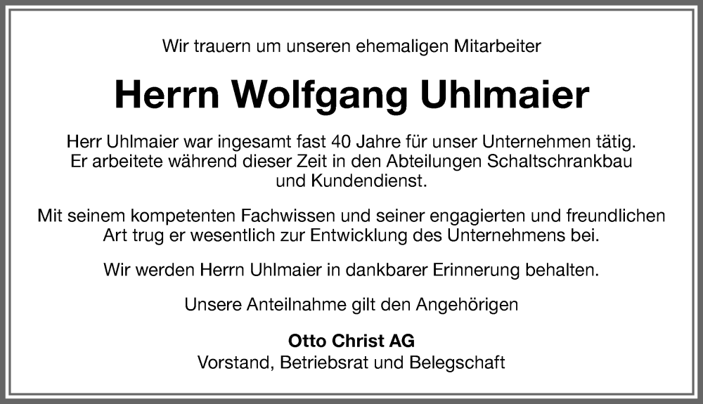  Traueranzeige für Wolfgang Uhlmaier vom 07.07.2025 aus Memminger Zeitung