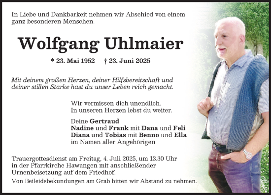 Traueranzeige von Wolfgang Uhlmaier von Memminger Zeitung