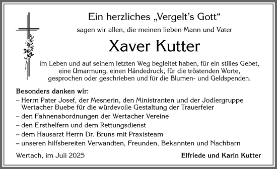 Traueranzeige von Xaver Kutter von Allgäuer Anzeigeblatt