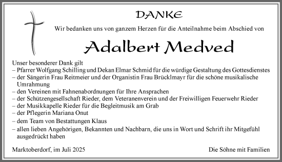 Traueranzeige von Adalbert Medved von Allgäuer Zeitung, Marktoberdorf