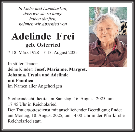 Traueranzeige von Adelinde Frei von Allgäuer Zeitung,Kempten