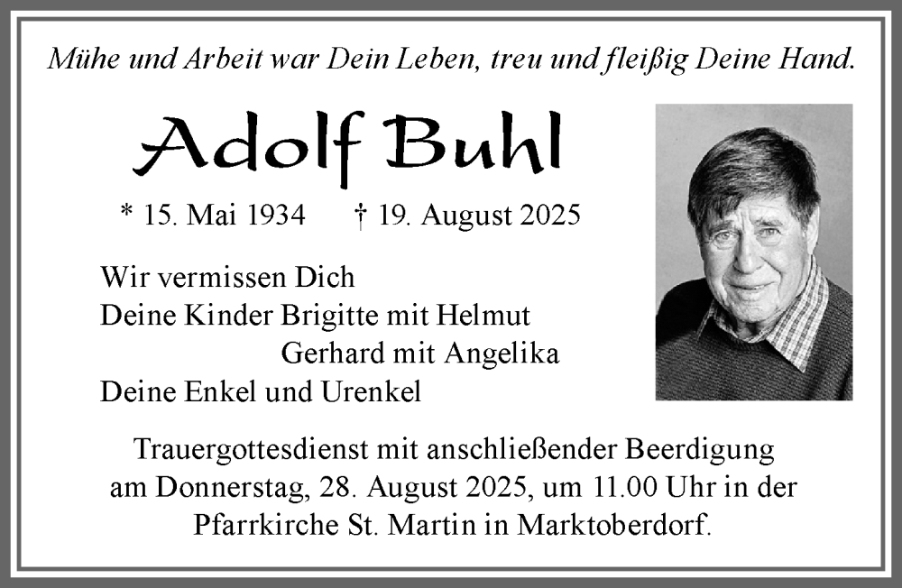  Traueranzeige für Adolf Buhl vom 23.08.2025 aus Allgäuer Zeitung, Marktoberdorf