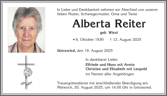 Traueranzeige von Alberta Reiter von Allgäuer Zeitung, Marktoberdorf