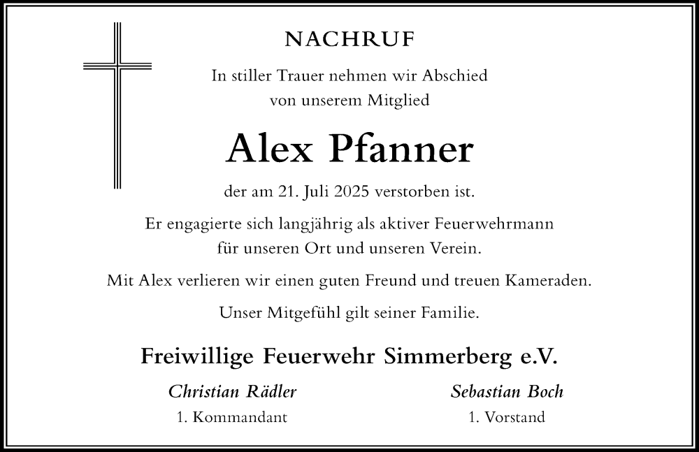  Traueranzeige für Alex Pfanner vom 01.08.2025 aus Der Westallgäuer