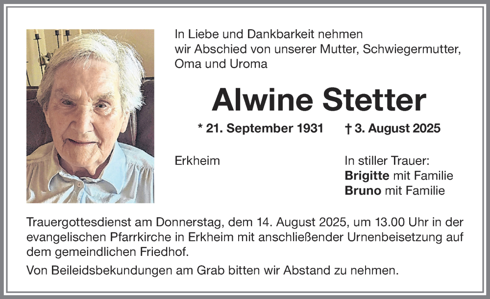  Traueranzeige für Alwine Stetter vom 09.08.2025 aus Memminger Zeitung