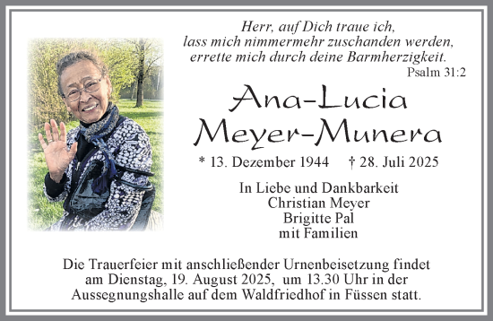 Traueranzeige von Ana-Lucia Meyer-Munera von Allgäuer Zeitung, Füssen