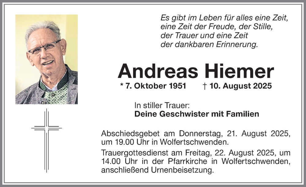  Traueranzeige für Andreas Hiemer vom 19.08.2025 aus Memminger Zeitung