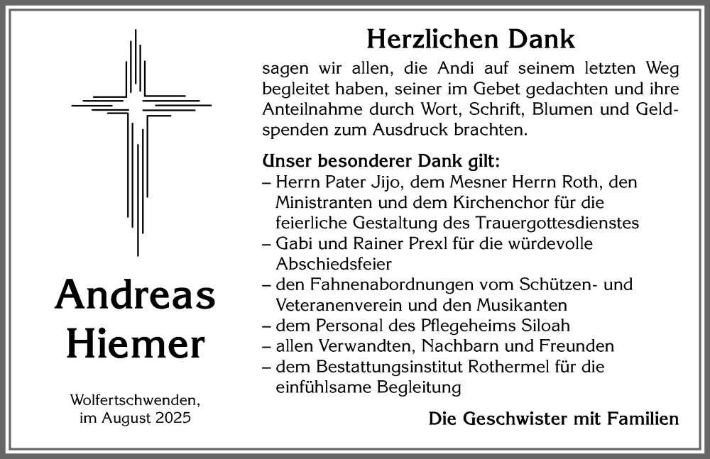  Traueranzeige für Andreas Hiemer vom 30.08.2025 aus Memminger Zeitung