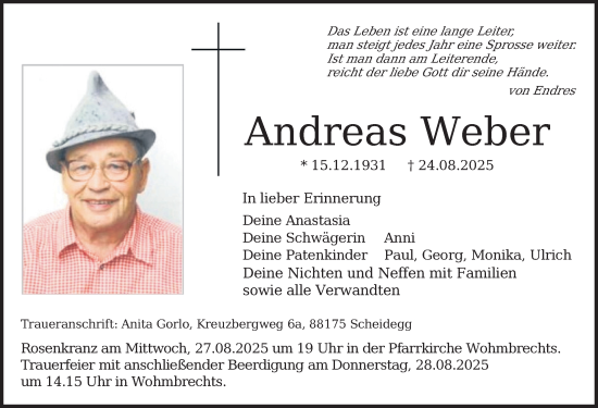 Traueranzeige von Andreas Weber von Der Westallgäuer
