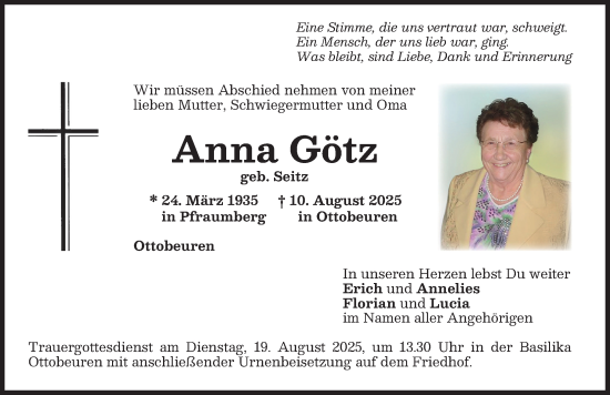 Traueranzeige von Anna Götz von Memminger Zeitung
