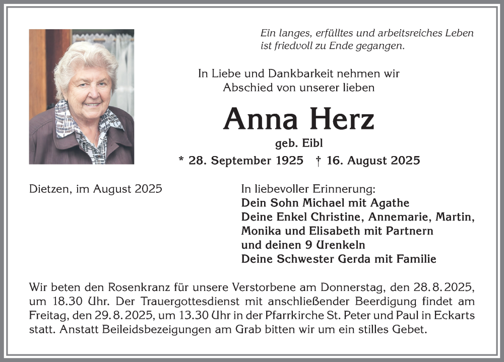  Traueranzeige für Anna Herz vom 23.08.2025 aus Allgäuer Anzeigeblatt