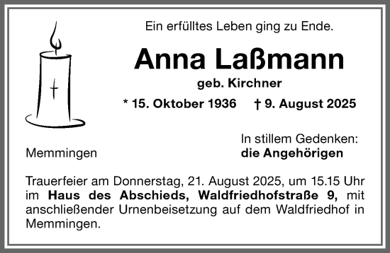 Traueranzeige von Anna Laßmann von Memminger Zeitung