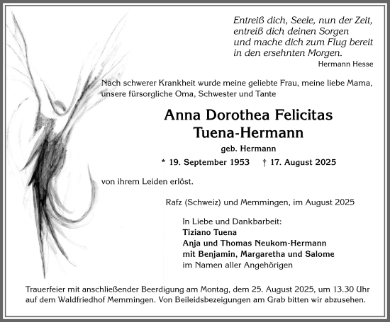 Traueranzeige von Anna Dorothea Felicitas Tuena-Hermann von Memminger Zeitung