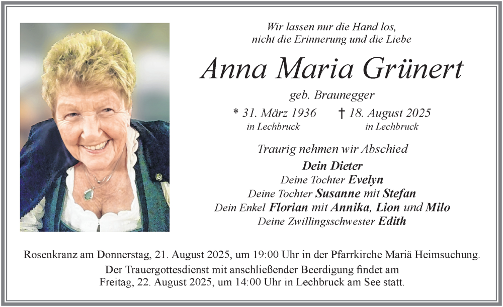  Traueranzeige für Anna Maria Grünert vom 21.08.2025 aus Allgäuer Zeitung, Füssen