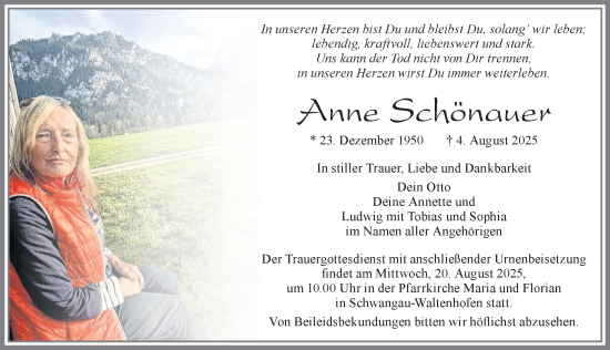 Traueranzeige von Anne Schönauer von Allgäuer Zeitung, Füssen