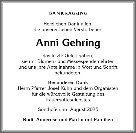 Traueranzeige von Anni Gehring von Allgäuer Anzeigeblatt