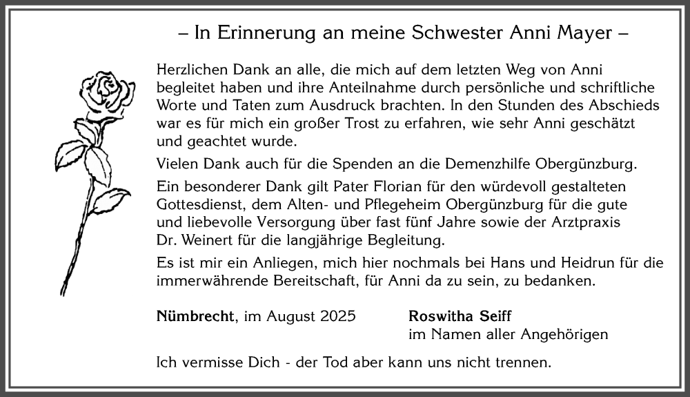  Traueranzeige für Anni Mayer vom 16.08.2025 aus Allgäuer Zeitung, Marktoberdorf