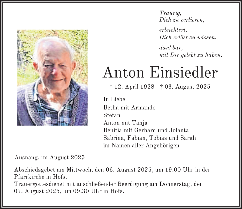  Traueranzeige für Anton Einsiedler vom 06.08.2025 aus Memminger Zeitung