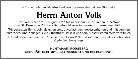 Traueranzeige von Anton Volk von Allgäuer Zeitung, Marktoberdorf