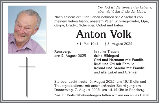 Traueranzeige von Anton Volk von Allgäuer Zeitung, Marktoberdorf