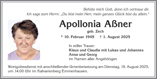 Traueranzeige von Apollonia Aßner von Allgäuer Zeitung, Kaufbeuren/Buchloe