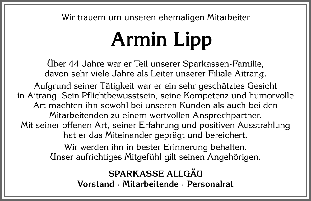  Traueranzeige für Armin Lipp vom 08.08.2025 aus Allgäuer Zeitung, Marktoberdorf