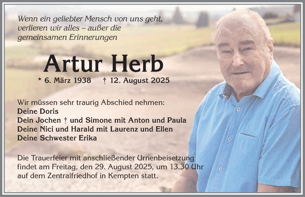  Traueranzeige für Artur Herb vom 23.08.2025 aus Allgäuer Zeitung,Kempten