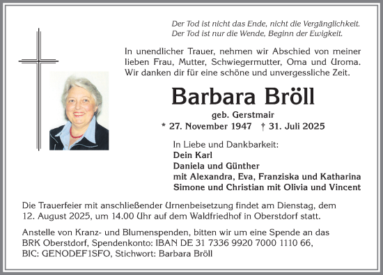 Traueranzeige von Barbara Bröll von Allgäuer Anzeigeblatt
