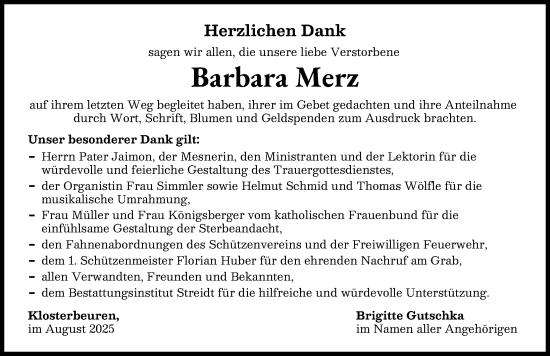 Traueranzeige von Barbara Merz von Illertisser Zeitung, Augsburger Allgemeine