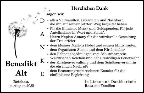 Traueranzeige von Benedikt Alt von Illertisser Zeitung, Augsburger Allgemeine