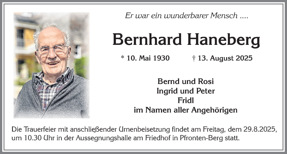  Traueranzeige für Bernhard Haneberg vom 23.08.2025 aus Allgäuer Zeitung, Füssen