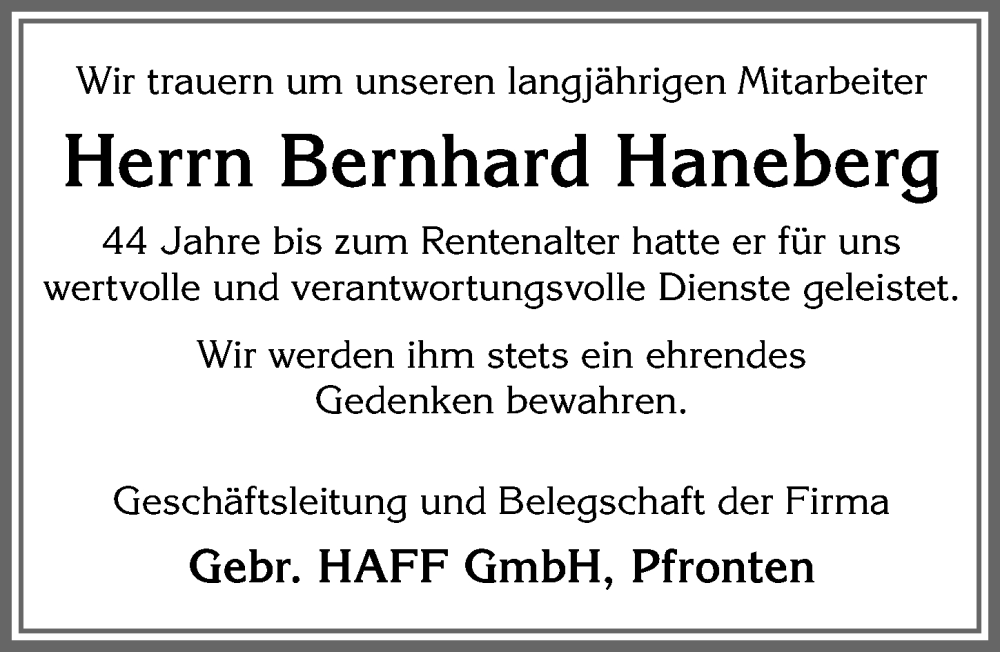  Traueranzeige für Bernhard Haneberg vom 30.08.2025 aus Allgäuer Zeitung, Füssen