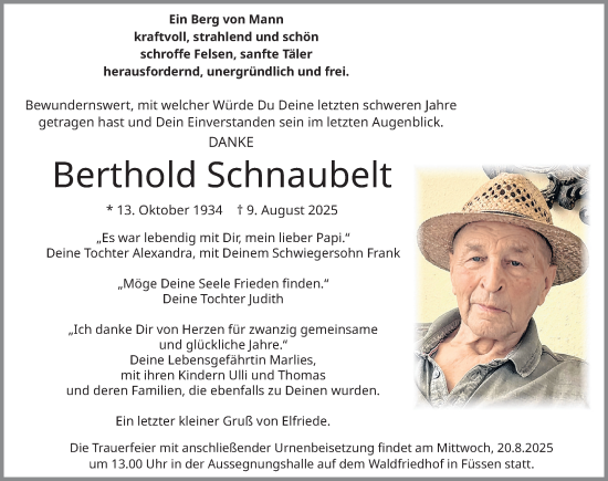 Traueranzeige von Berthold Schnaubelt von Allgäuer Zeitung, Füssen