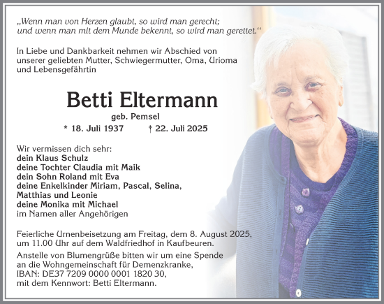 Traueranzeige von Betti Eltermann von Allgäuer Zeitung, Kaufbeuren/Buchloe