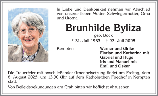 Traueranzeige von Brunhilde Byliza von Allgäuer Zeitung,Kempten