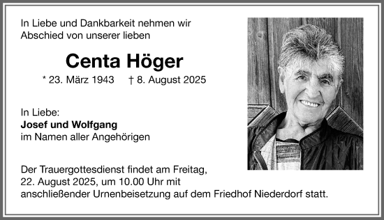 Traueranzeige von Centa Höger von Memminger Zeitung