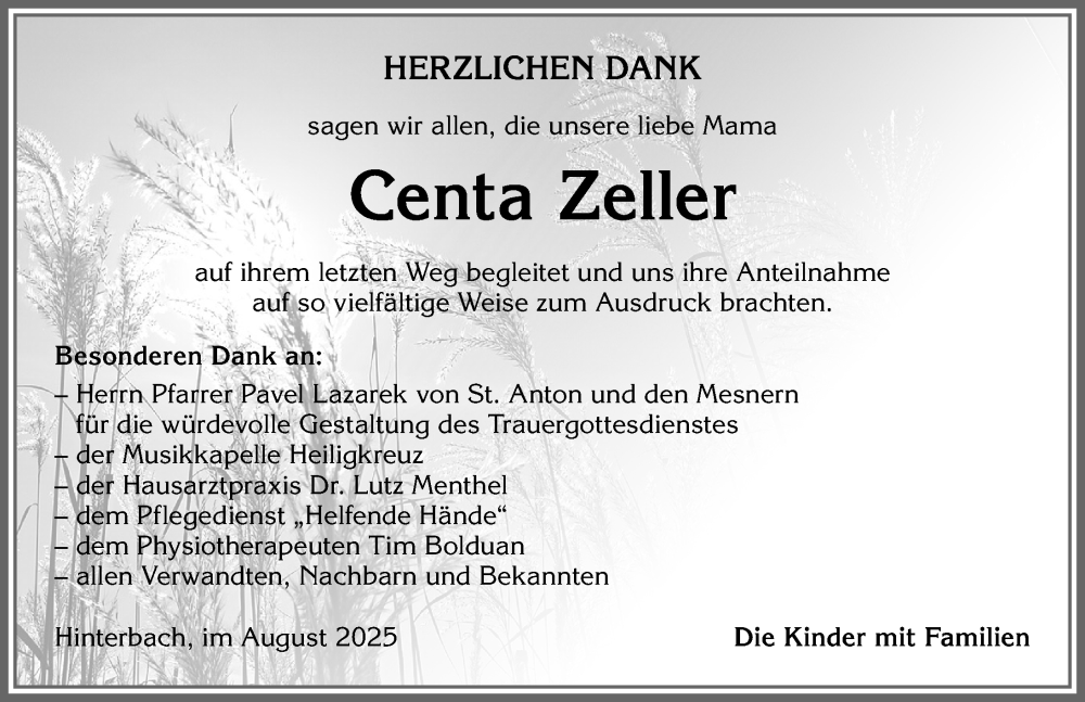  Traueranzeige für Centa Zeller vom 09.08.2025 aus Allgäuer Zeitung,Kempten