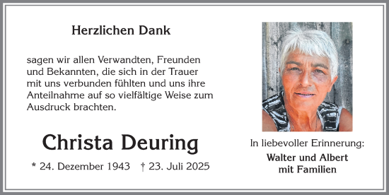 Traueranzeige von Christa Deuring von Allgäuer Zeitung,Kempten