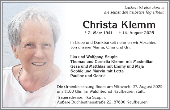 Traueranzeige von Christa Klemm von Allgäuer Zeitung, Kaufbeuren/Buchloe