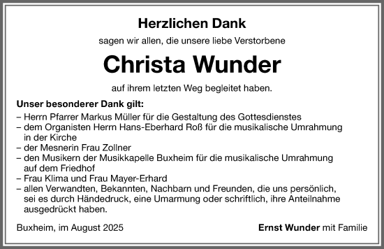 Traueranzeige von Christa Wunder von Memminger Zeitung