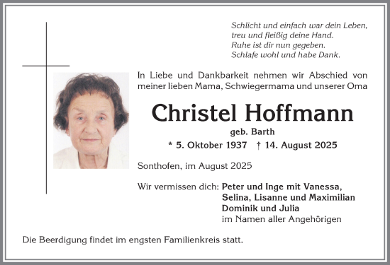 Traueranzeige von Christel Hoffmann von Allgäuer Anzeigeblatt
