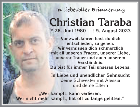 Traueranzeige von Christian Taraba von Allgäuer Zeitung, Kaufbeuren/Buchloe